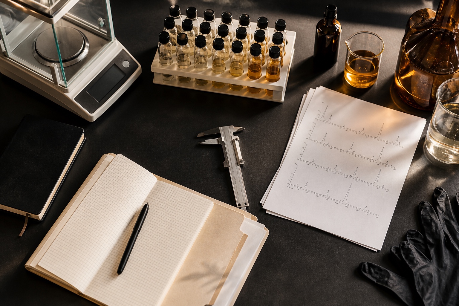 Overhead quality-control workbench with a precision balance, sample rack, calipers, and analytical charts