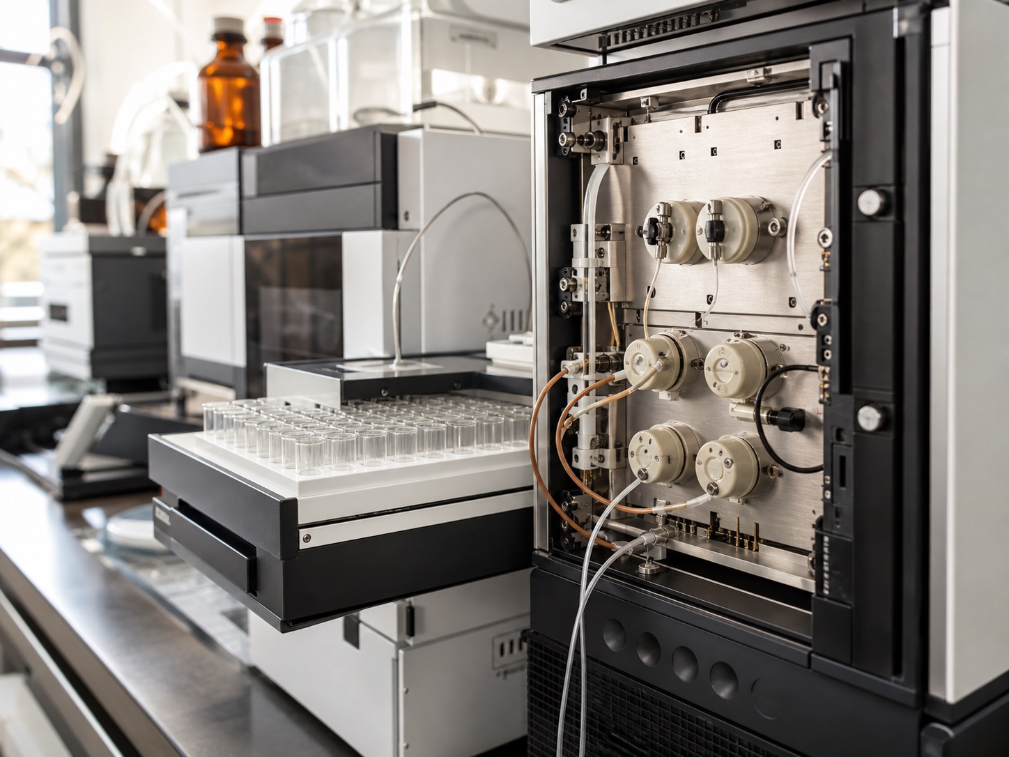Close view of high-performance liquid chromatography equipment and an autosampler