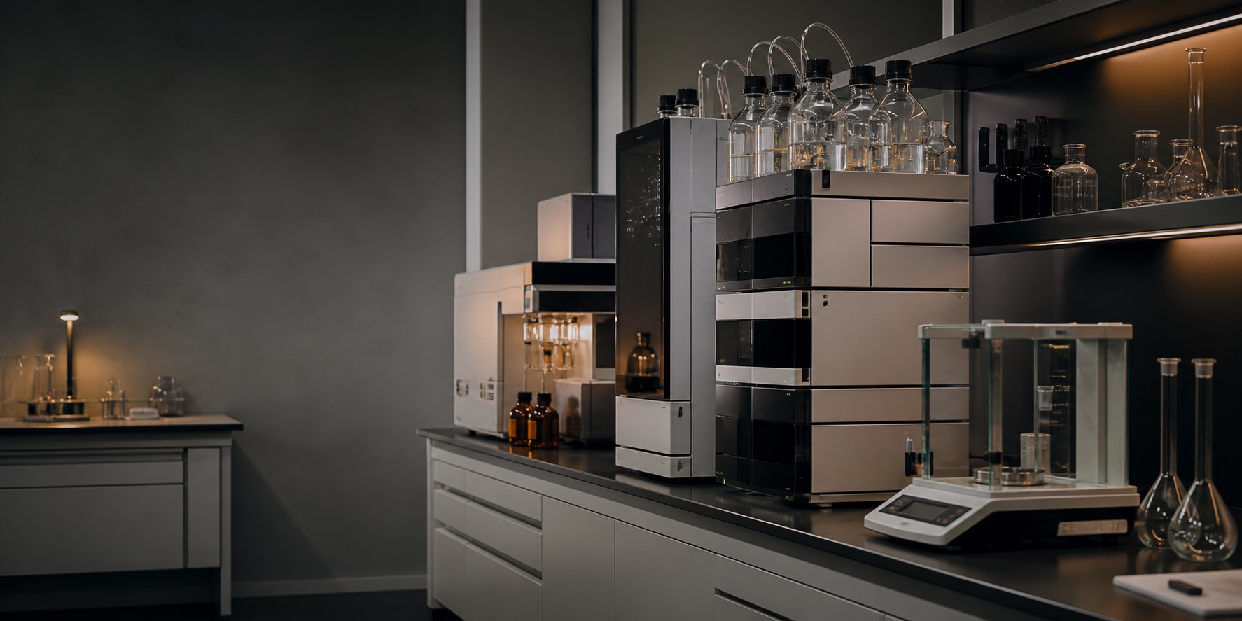Analytical chemistry laboratory with chromatography instruments and a precision balance